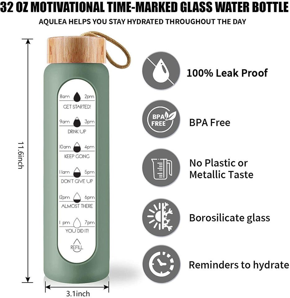 1L Glass Water Bottle With Motivational Time Marker and Bamboo Lids and Silicone Sleeve and Tea Filter - photo 4