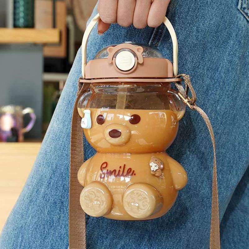 Large Capacity 1000ml Bear Shaped Cute Cartoon Kids Plastic Water Bottle With Strap Straw - photo 3