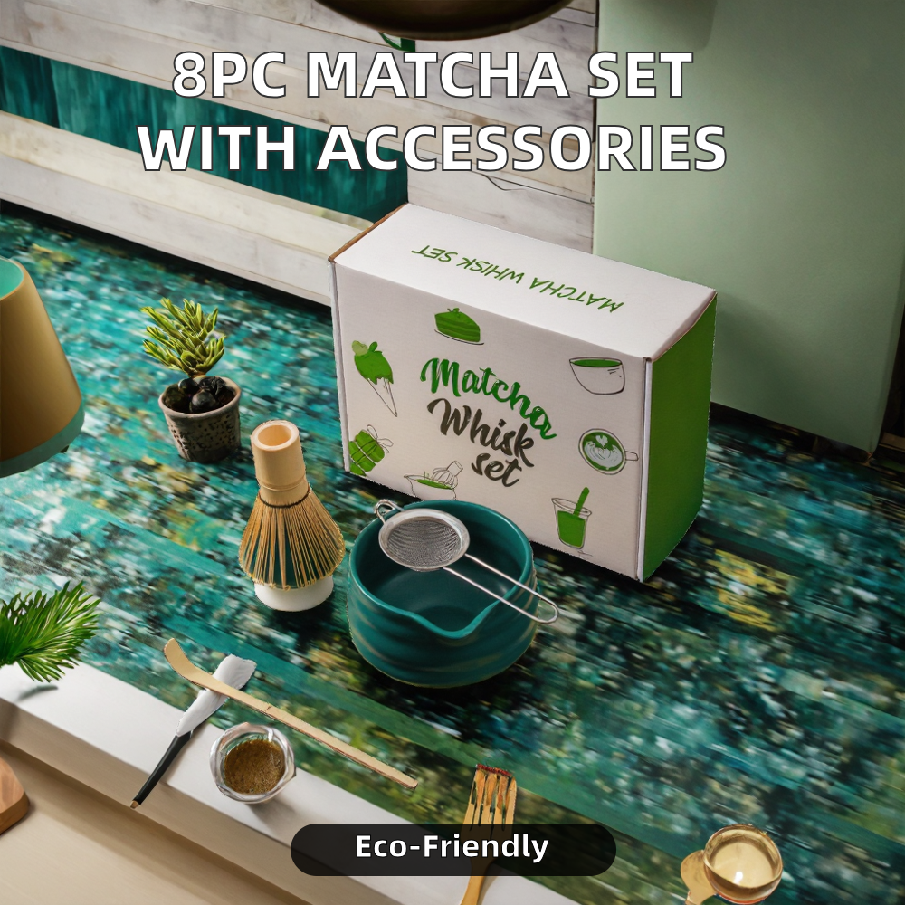 8 Pieces Matcha Set Ceramic Bowl Holder Bamboo Whisk Scoop Tea Towel Matcha Kit Gift for Friends with Matcha Powder Bowl - photo 2