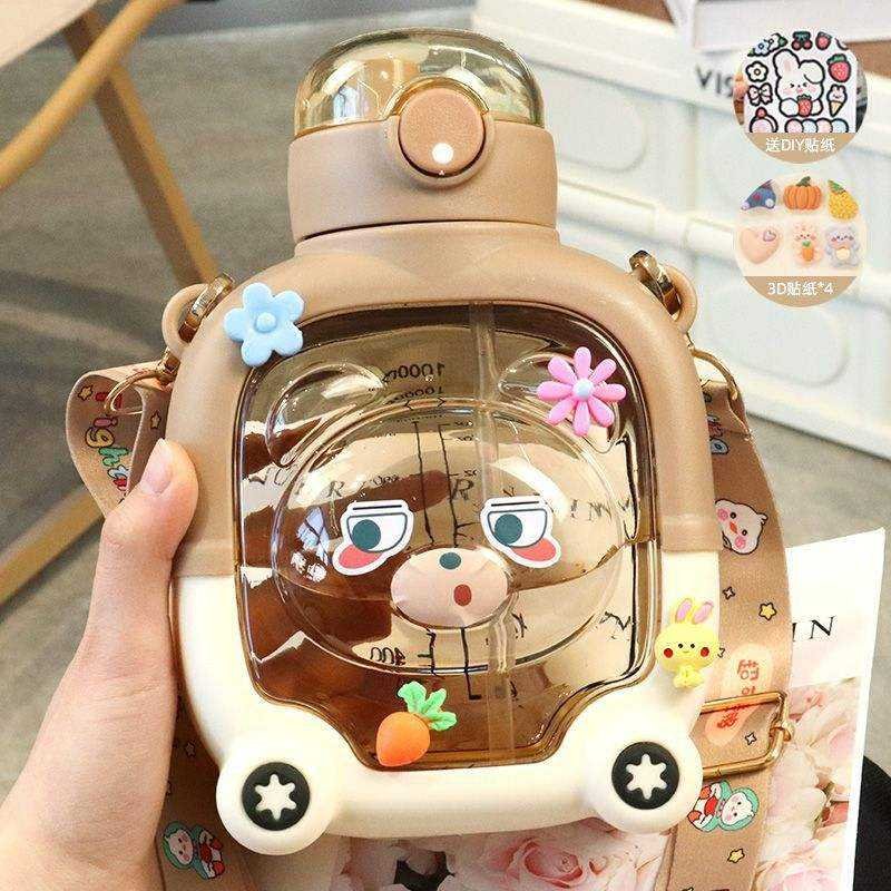 Large Capacity Magic Bear Cartoon Bouncing Cover Double Straw Plastic Water Bottle