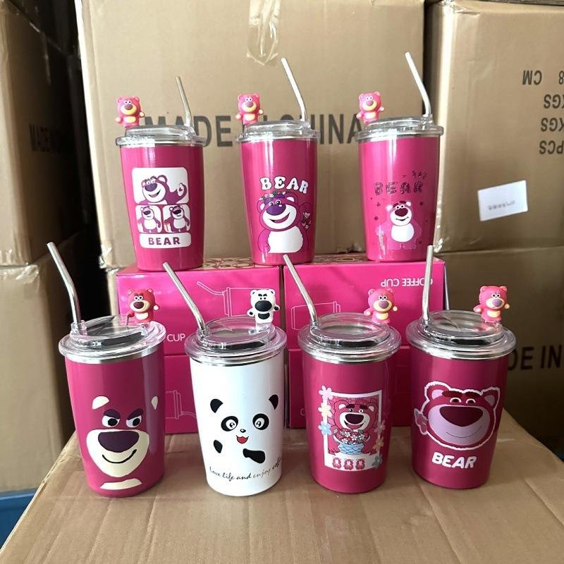 450ml Cute Cartoon Bear Pattern Stainless Steel Double Wall Travel Coffee Mugs Tumbler With Straw