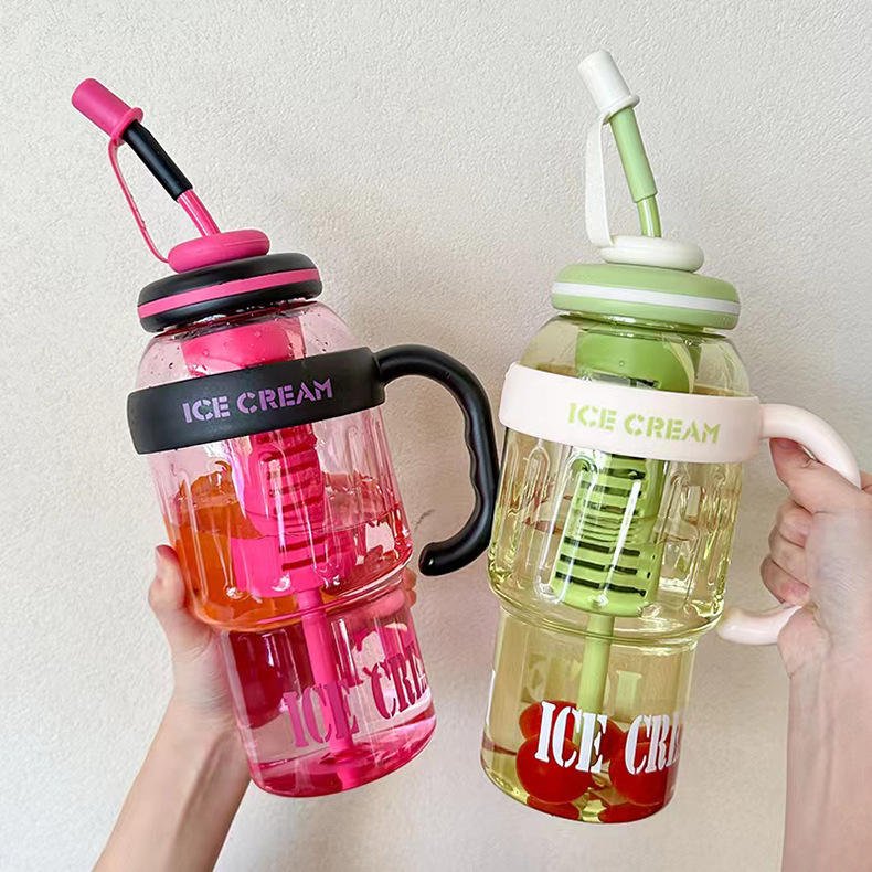 Kids Leakproof Drink Cup 1400ml Frosted Surface Plastic Straw Bottle Adjustable Shoulder Strap - photo 4