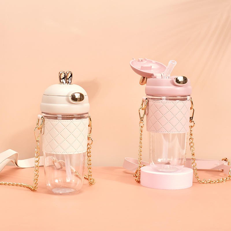 Outdoor Cute Fashion Portable Summer Sports Plastic Water Bottle With Sleeve and Straw for Girls
