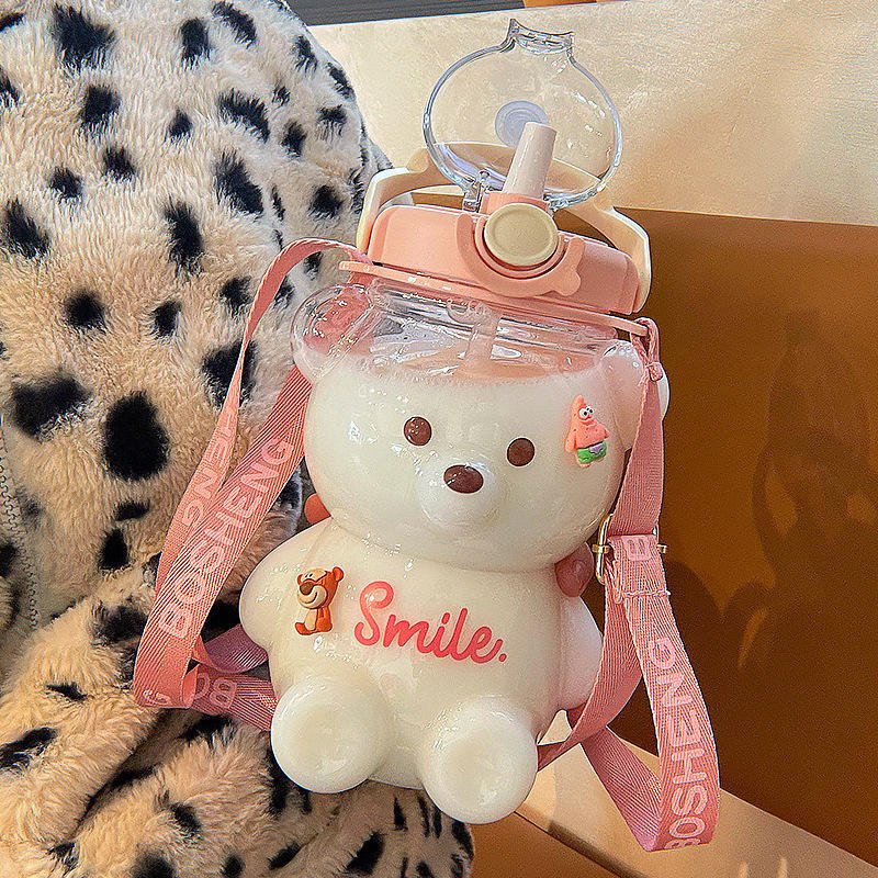 Wholesale Customized 1000ml BPA Free Plastic Honey Teddy Bear Milk Juice Water Bottles With Straw - photo 5