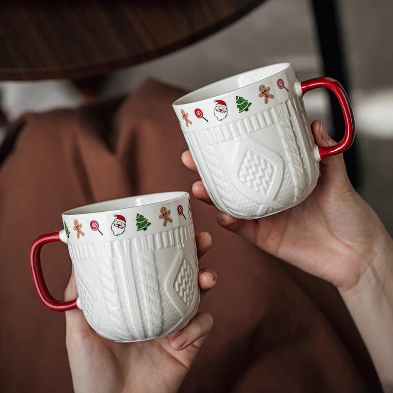 Creative Embossed Christmas Ceramic Coffee Mug 350Ml Santa Relief Heart Gift Water Cup Year Home Office Girl Present