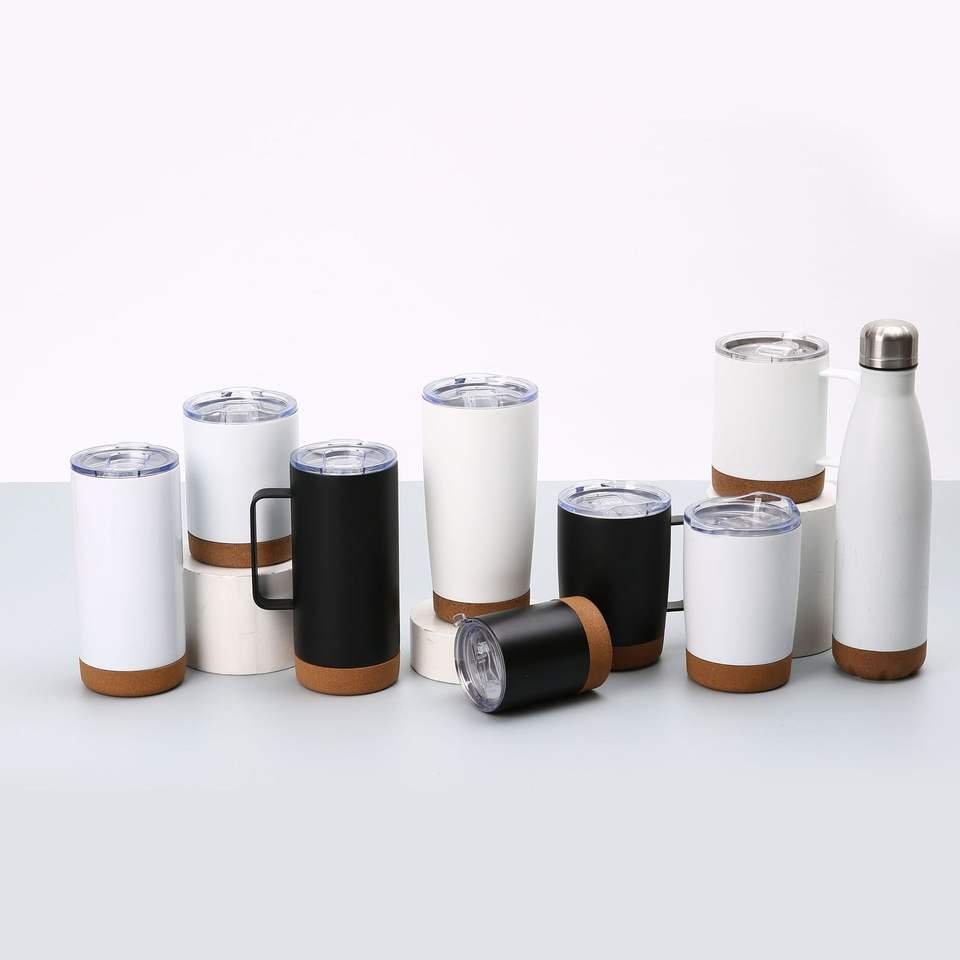 Double Wall Matte Stainless Steel Wine Beer Tumbler Mug With Handle and Cork Base