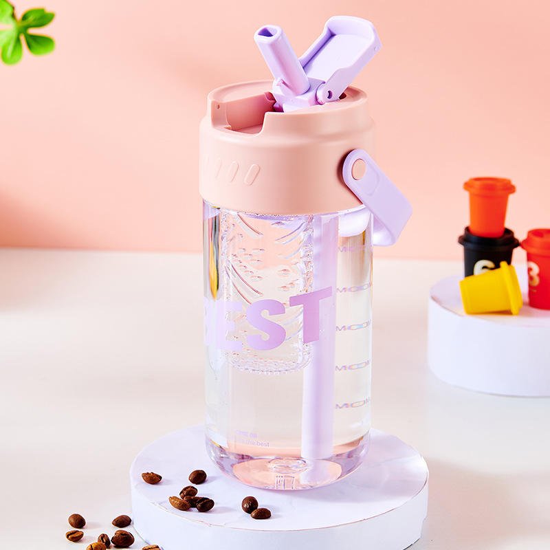 550ml 700ml Portable Transparent BPA Free Cute Plastic Girl Water Bottle Flip Top With Handle Straw Filter - photo 2