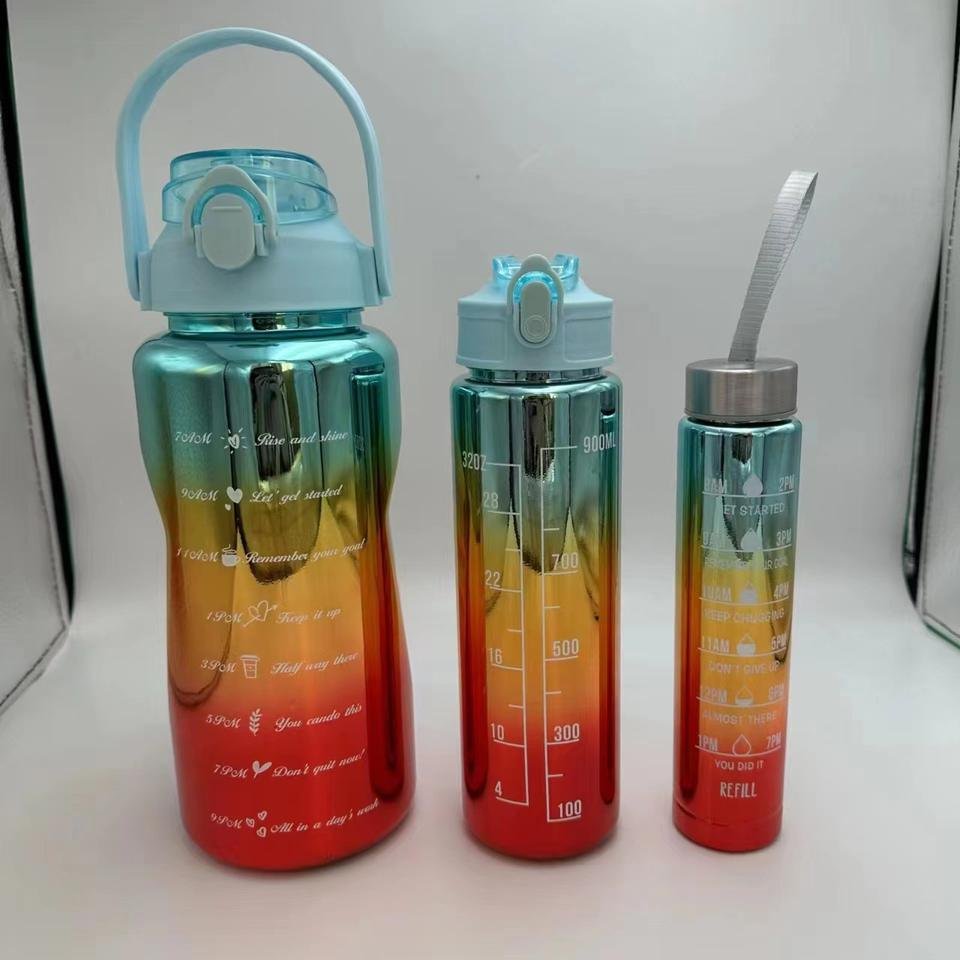 BPA Free Electroplate Gradient 3 Piece Motivational Plastic Water Bottle Set With Handle Straw 3 Sizes - photo 3