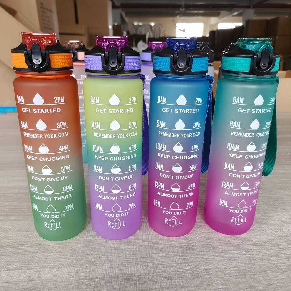 1L 32oz Strap Gym Motivational Quartz Sports Water Bottle With Straw and Remider to Drink Water