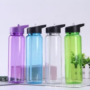زجاجة ماء بلاستيك أسطوانية مع شعار مخصص وشفاطة كهدية أعمال 700ml