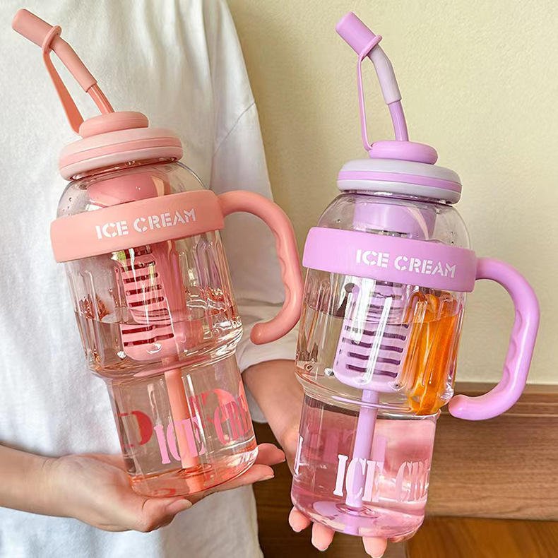 Kids Leakproof Drink Cup 1400ml Frosted Surface Plastic Straw Bottle Adjustable Shoulder Strap - photo 2