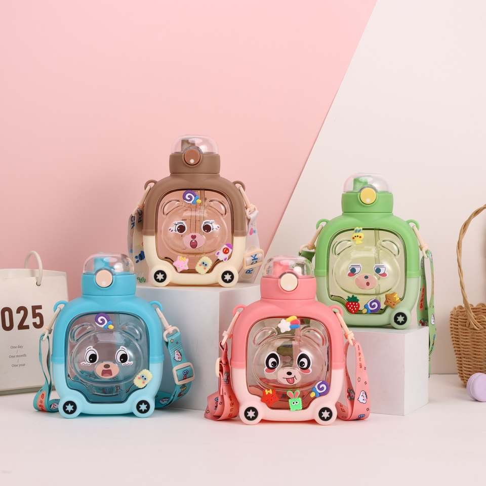 Large Capacity Magic Bear Cartoon Bouncing Cover Double Straw Plastic Water Bottle - photo 2