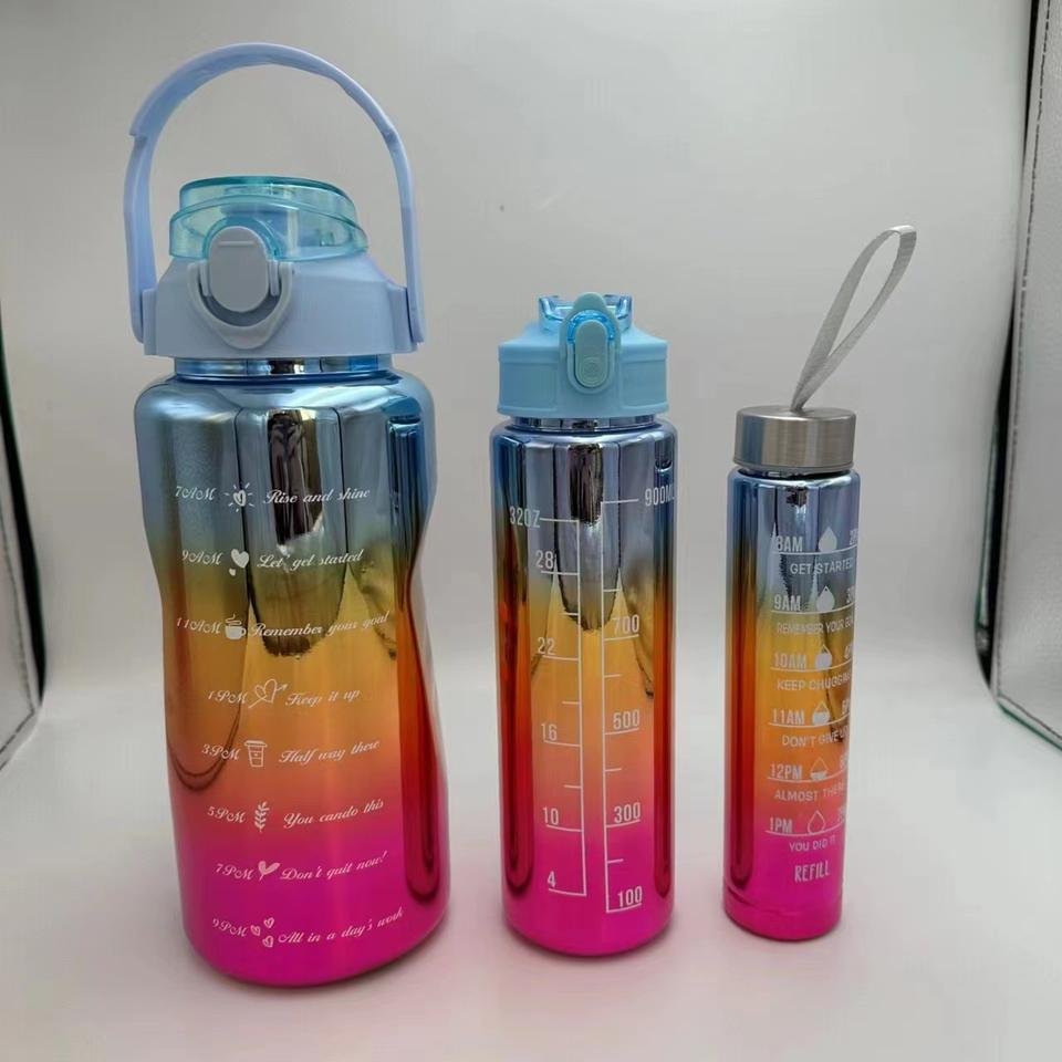BPA Free Electroplate Gradient 3 Piece Motivational Plastic Water Bottle Set With Handle Straw 3 Sizes - photo 4