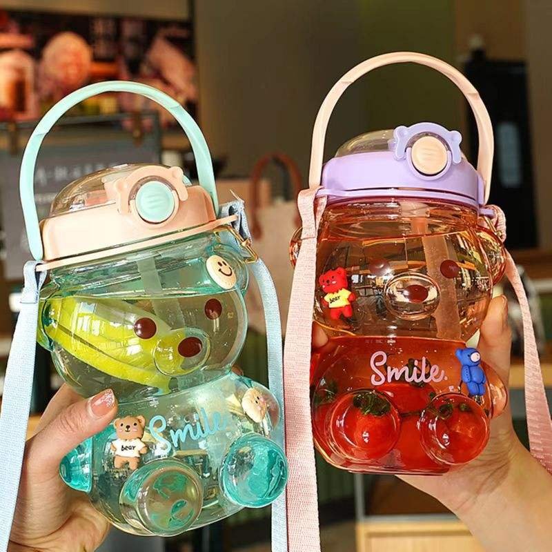 Large Capacity 1000ml Bear Shaped Cute Cartoon Kids Plastic Water Bottle With Strap Straw - photo 4