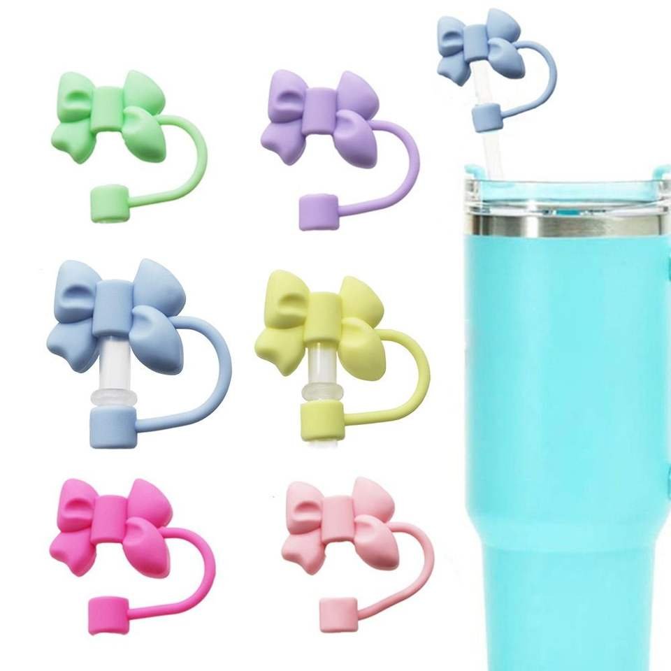 PEMSHENG Reuseable 8mm 10mm Silicone Bow Pattern Flower Kitty Straw Topper Covers for Tumblers