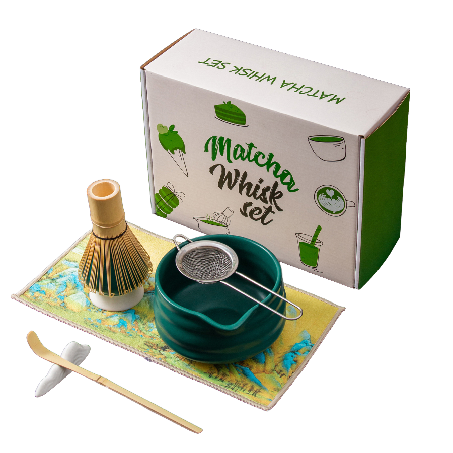 8 Pieces Matcha Set Ceramic Bowl Holder Bamboo Whisk Scoop Tea Towel Matcha Kit Gift for Friends with Matcha Powder Bowl