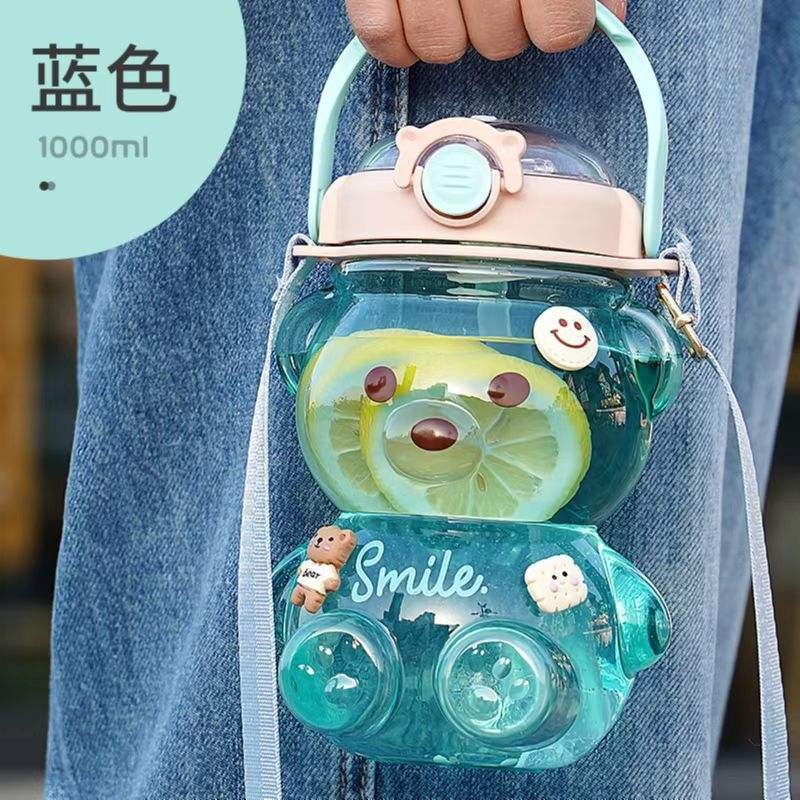 Large Capacity 1000ml Bear Shaped Cute Cartoon Kids Plastic Water Bottle With Strap Straw - photo 5