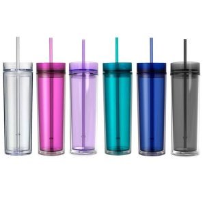Acryl Skinny Becher mit Deckel und Strohhalm 16oz doppelwandiger Kunststoff Becher isolierter Kunststoff Wasserbecher