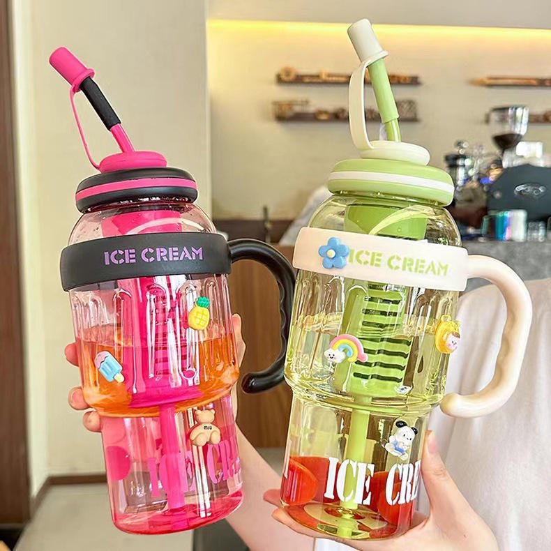 Kids Leakproof Drink Cup 1400ml Frosted Surface Plastic Straw Bottle Adjustable Shoulder Strap - photo 3