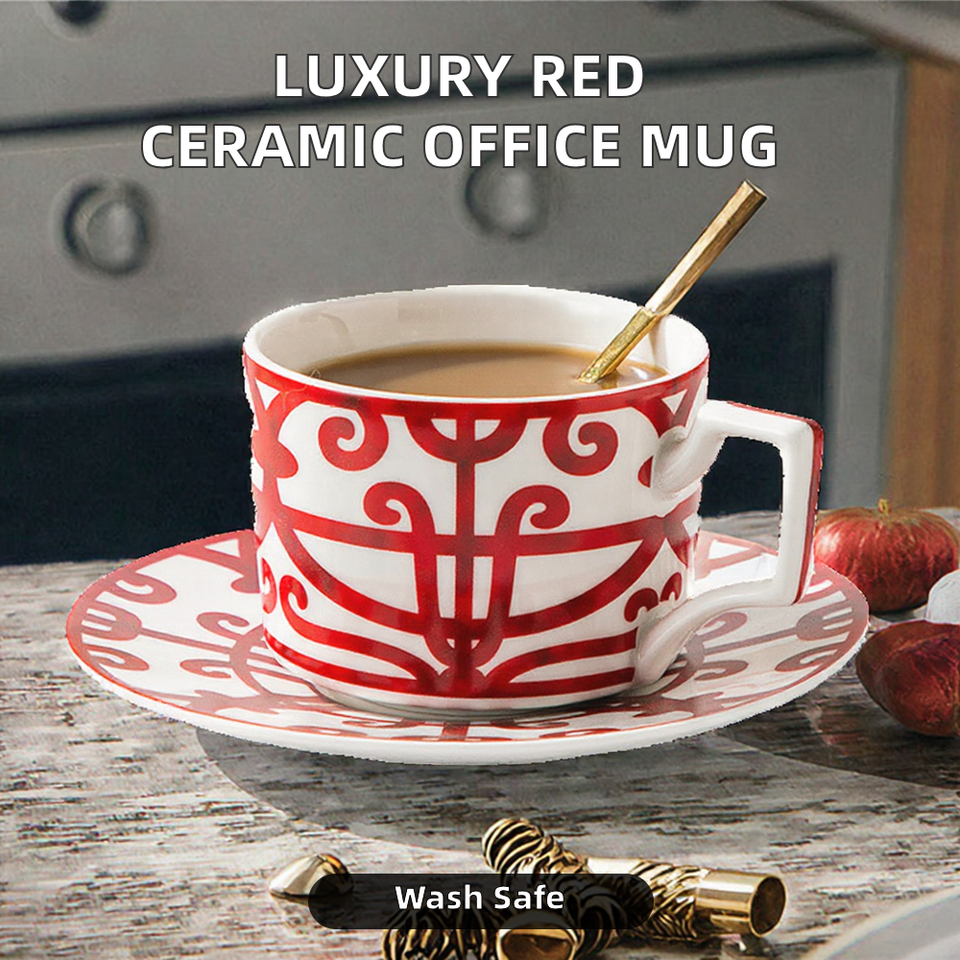 Light Luxury Simple Wide Edged Chinese Red Bone China Mug Portable Office Home Breakfast Milk Microwave Dishwasher Safe Gift Box - photo 2