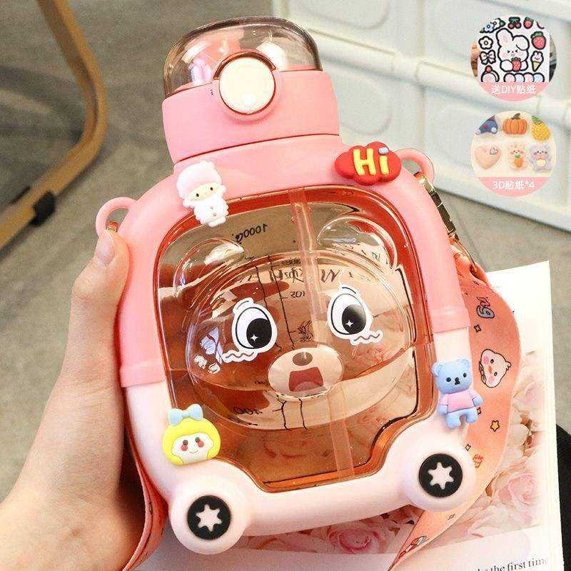 Large Capacity Magic Bear Cartoon Bouncing Cover Double Straw Plastic Water Bottle - photo 4