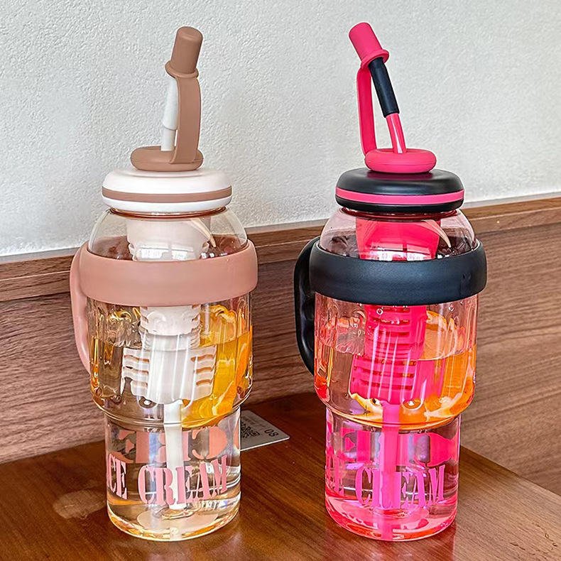 Kids Leakproof Drink Cup 1400ml Frosted Surface Plastic Straw Bottle Adjustable Shoulder Strap - photo 5