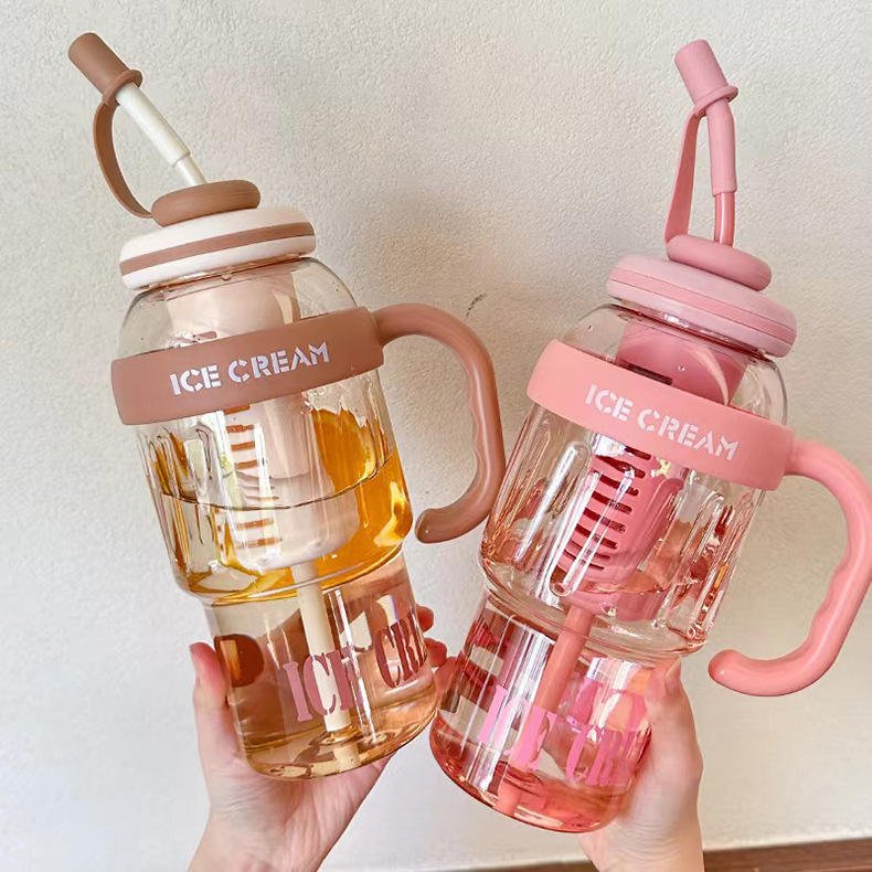 Kids Leakproof Drink Cup 1400ml Frosted Surface Plastic Straw Bottle Adjustable Shoulder Strap