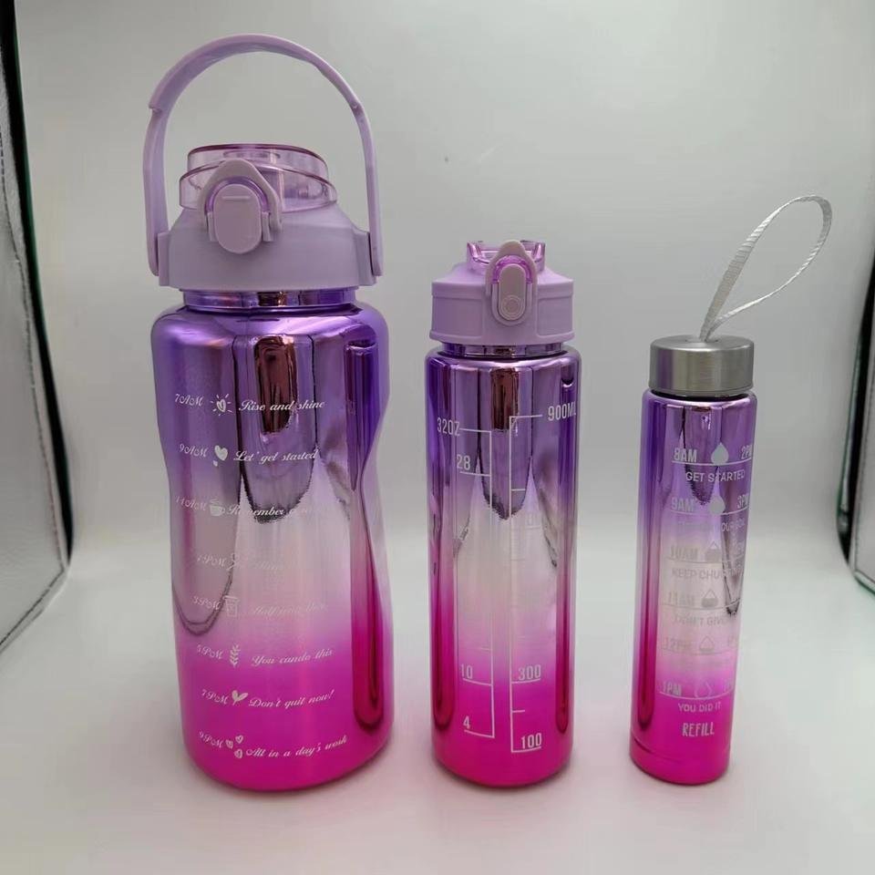 BPA Free Electroplate Gradient 3 Piece Motivational Plastic Water Bottle Set With Handle Straw 3 Sizes - photo 2