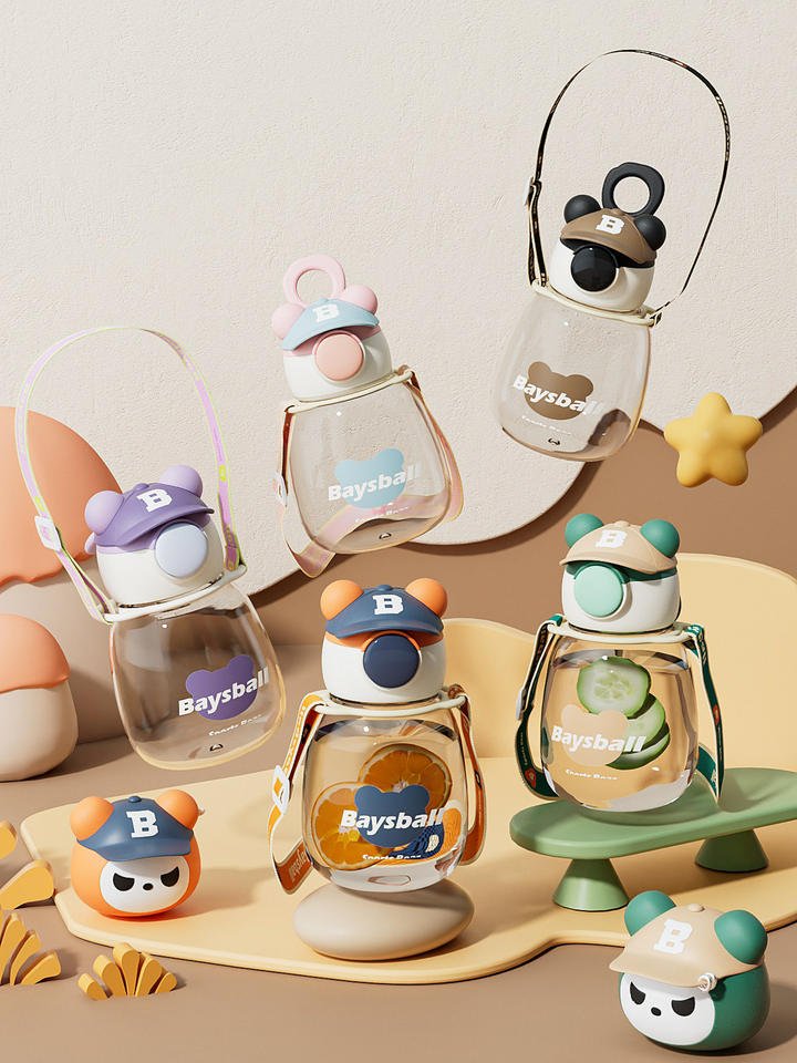 Cute 750ml Portable Hat Bear Shaped Kids Children Plastic Water Bottle With Straw Adjustable Strap - photo 4