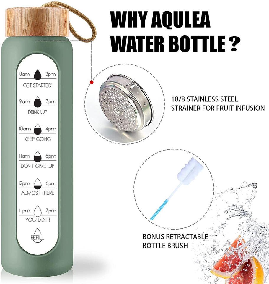 1L Glass Water Bottle With Motivational Time Marker and Bamboo Lids and Silicone Sleeve and Tea Filter - photo 3