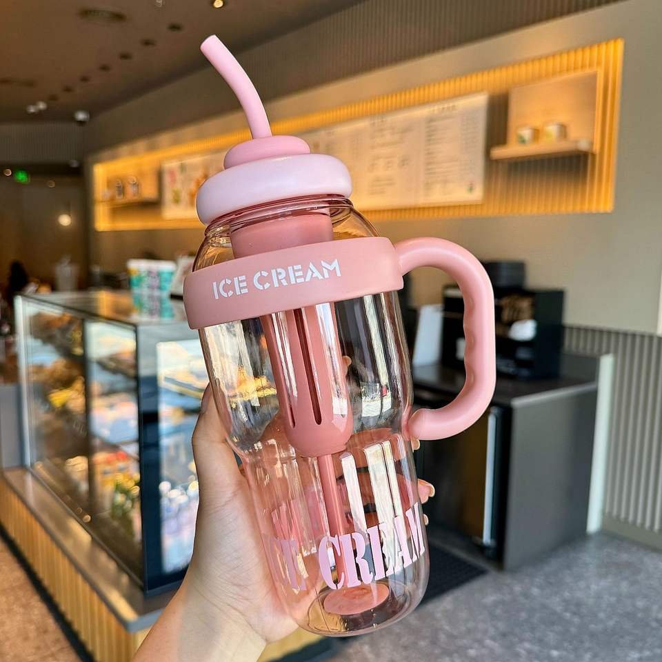 Large Scale Cute 1200ml 40oz Ice Cream Drinking Water Bottle With Straw and Infuser - photo 2
