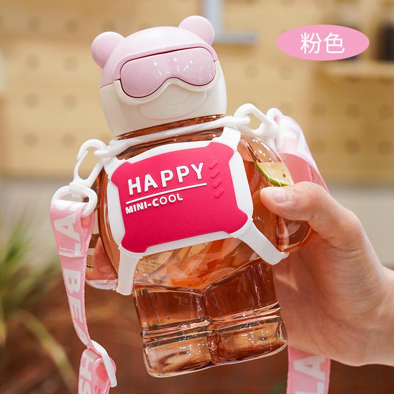 Super Cool 800ml Cute Battle Bear Fashion Kids School Gift Plastic Water Bottle With Straw Strap - photo 4