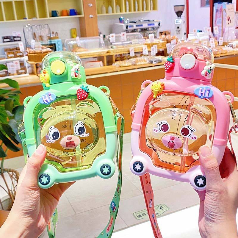 Summer 1000ml Kawaii Plastic Dual Drinking Water Bottle With Sleeve and Straw