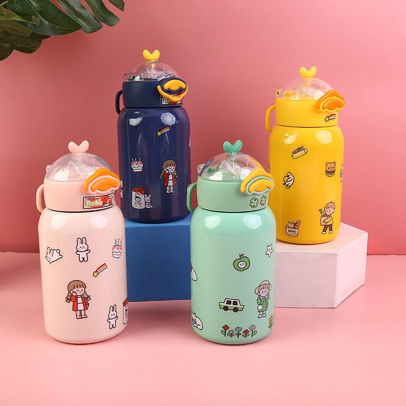 Food Grade BPA Free Cute 400ml School Kids Double Wall Stainless Steel Cartoon Water Bottle With Straw - photo 2