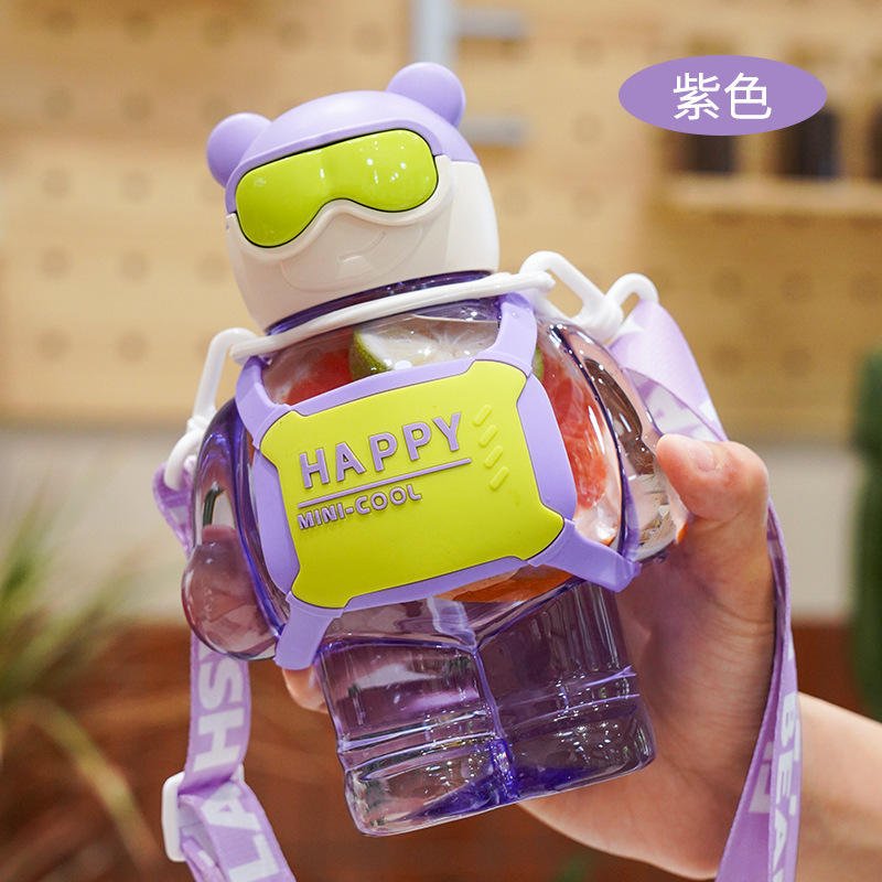 Super Cool 800ml Cute Battle Bear Fashion Kids School Gift Plastic Water Bottle With Straw Strap - photo 3