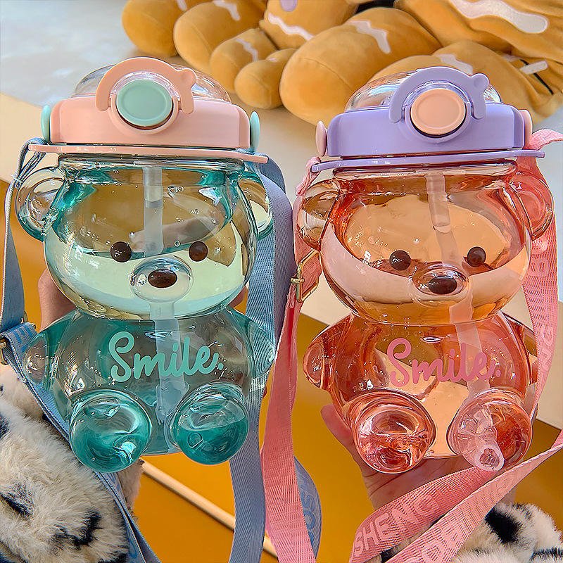 Wholesale Customized 1000ml BPA Free Plastic Honey Teddy Bear Milk Juice Water Bottles With Straw - photo 2