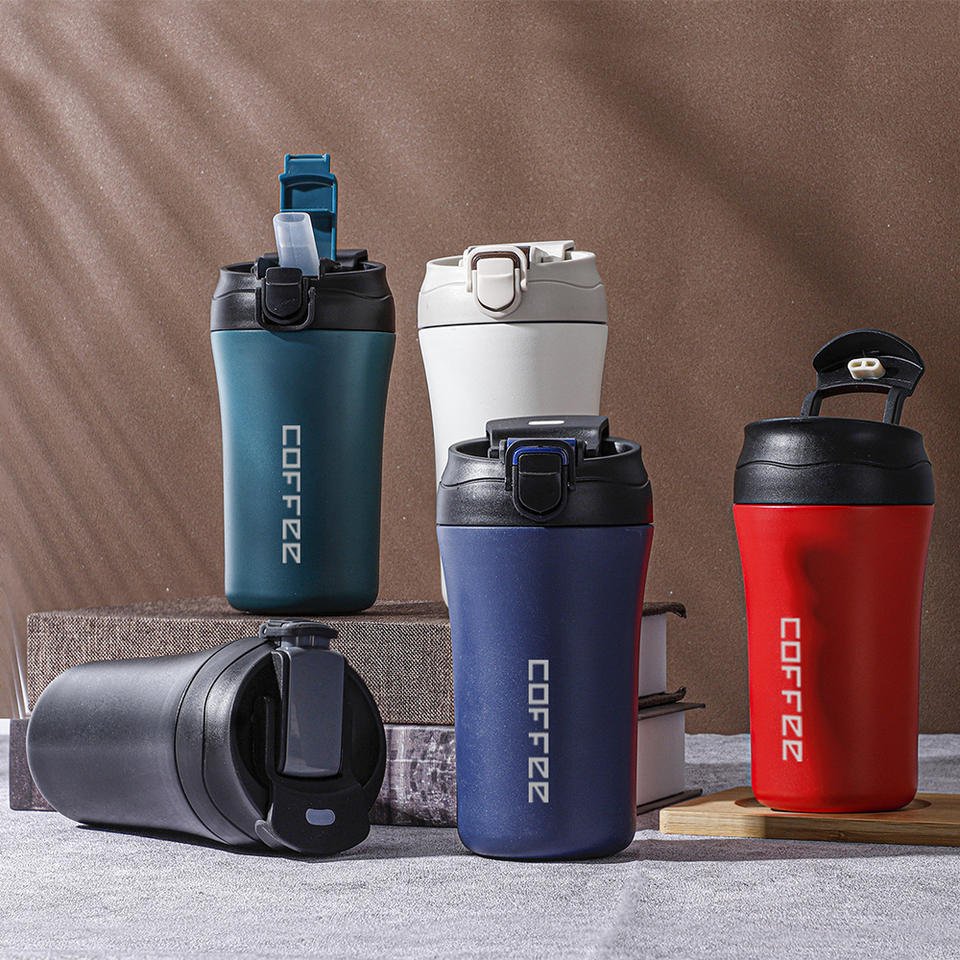 14oz 400ml Wholesale Vintage Unique Handleless Stainless Steel Coffee Mugs With Dual Drinking Lid