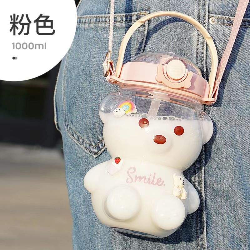 Large Capacity 1000ml Bear Shaped Cute Cartoon Kids Plastic Water Bottle With Strap Straw - photo 2