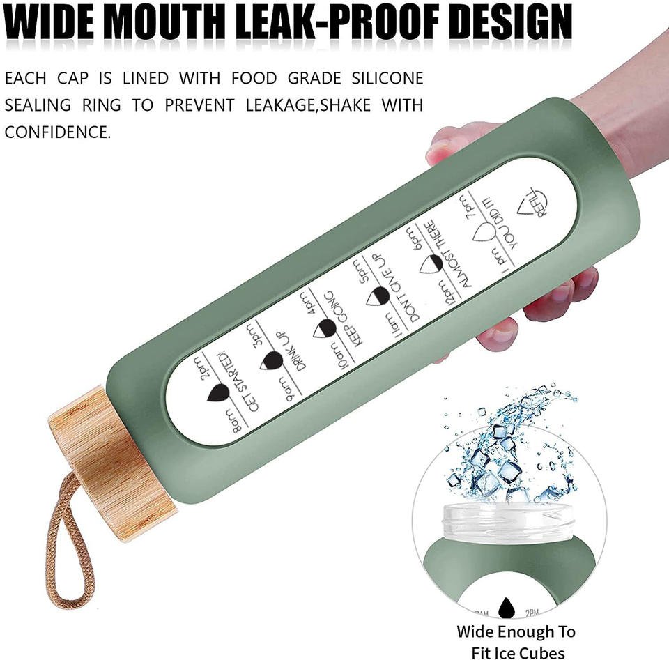 1L Glass Water Bottle With Motivational Time Marker and Bamboo Lids and Silicone Sleeve and Tea Filter - photo 2