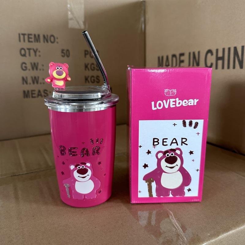 450ml Cute Cartoon Bear Pattern Stainless Steel Double Wall Travel Coffee Mugs Tumbler With Straw - photo 2