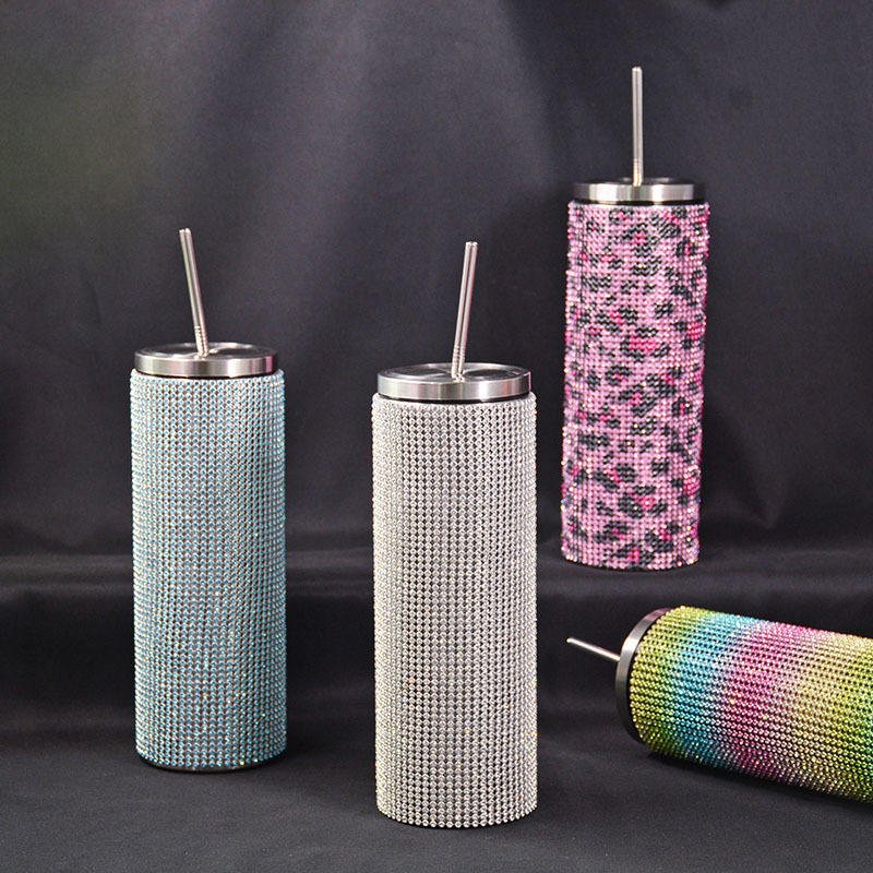 16oz Double Wall Bling Diamond Rhinestone Crystal Coffee Tea Tumbler With Lid and Straw
