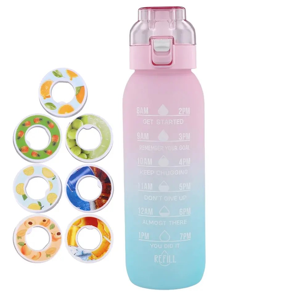 1000ml Large Capacity Tritan Outdoor Sports Graduated Air Flavor Ring up Water Bottle With 7 Flavor Pods