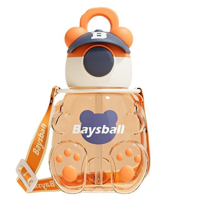 Cute 750ml Portable Hat Bear Shaped Kids Children Plastic Water Bottle With Straw Adjustable Strap